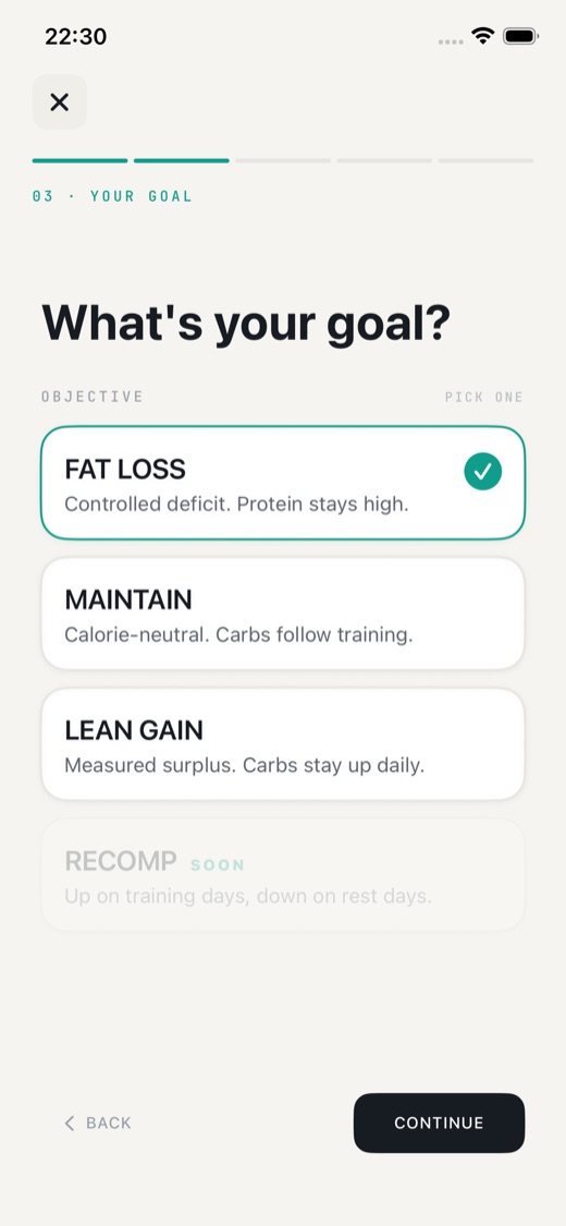 KEXBI setup offering fat loss, maintain and lean gain goals