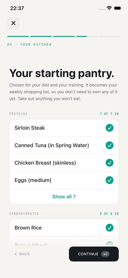 KEXBI starting pantry with food choices the user can keep or remove