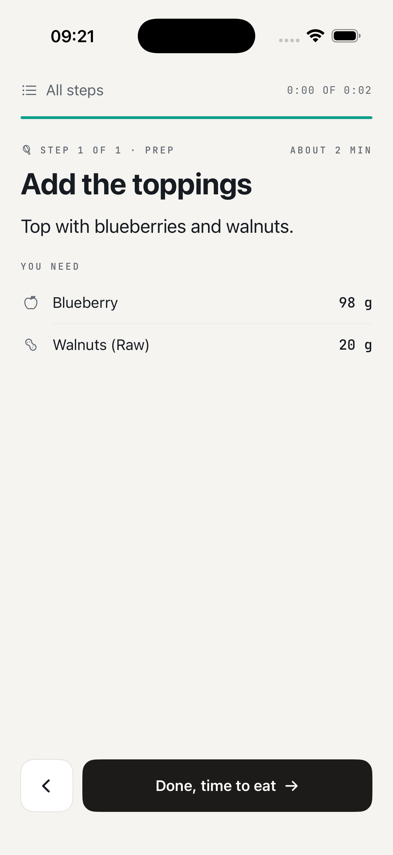 Add the toppings: 98 g blueberries and 20 g raw walnuts, about two minutes
