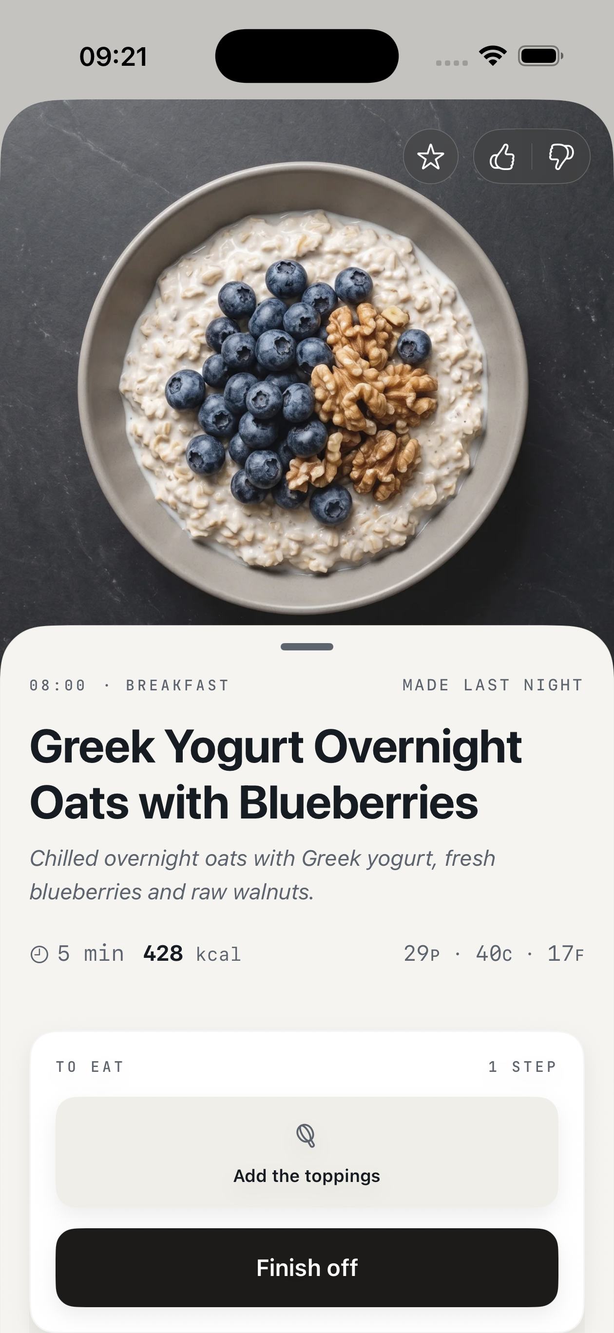 Greek yogurt overnight oats with blueberries and walnuts, ready for 08:00 breakfast