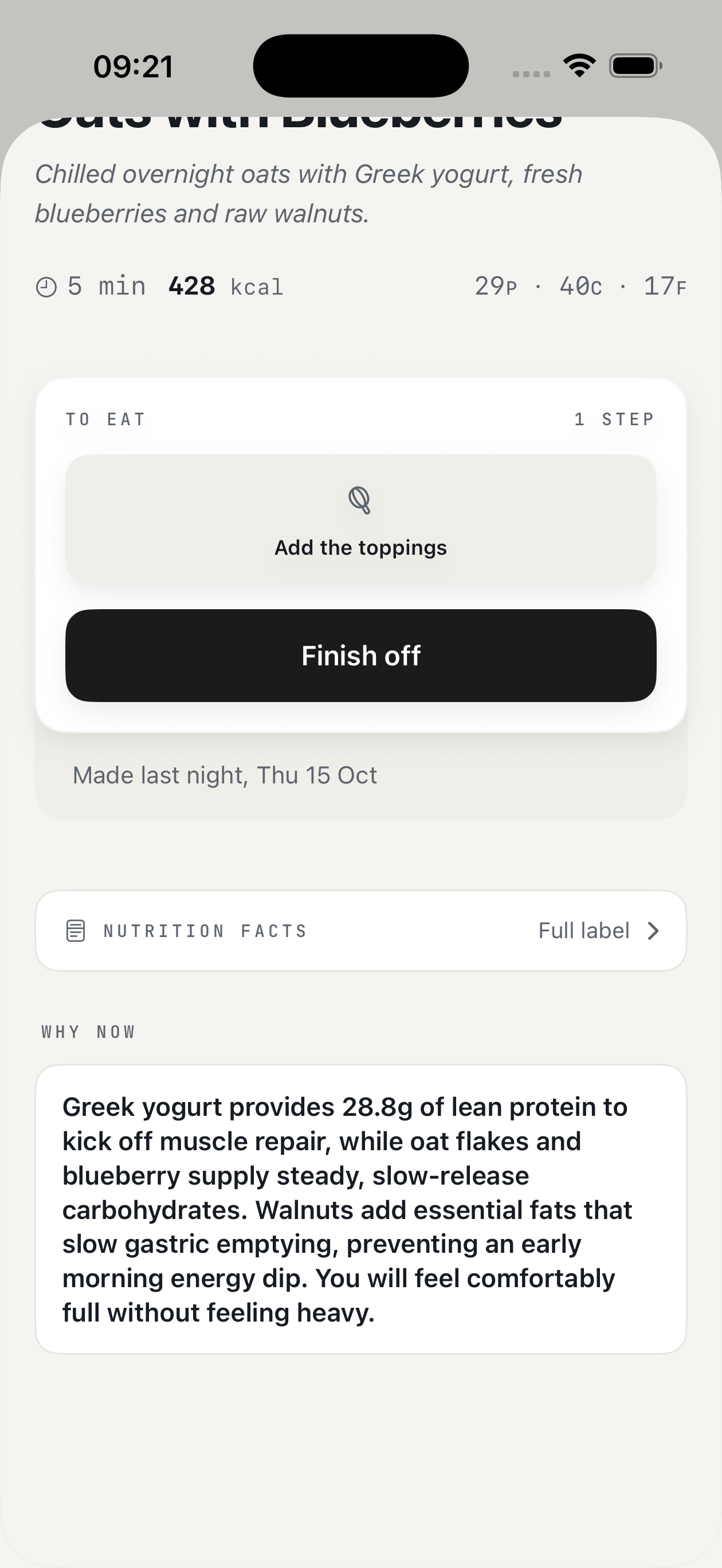 Original KEXBI screen showing this breakfast’s Why now explanation